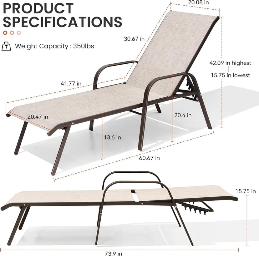 Crestlive Products Outdoor Chaise Lounge Chair,5-Position Pool Lounge Chairs with Armrests Sunbathing Recliner for Patio, Beach, Deck, Yard (2PC Beige)