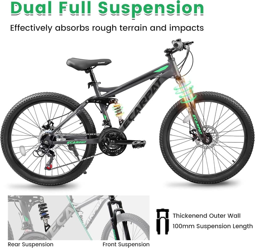 Ecarpat 24/26/27.5 Inch Mountain Bike, Full/Front Suspension Mens Boys Mountain Bike with 21 Speed Steel Frame and Dual Disc Brakes, Adult Sport Bicycle for Trail City Road, Gift Choice