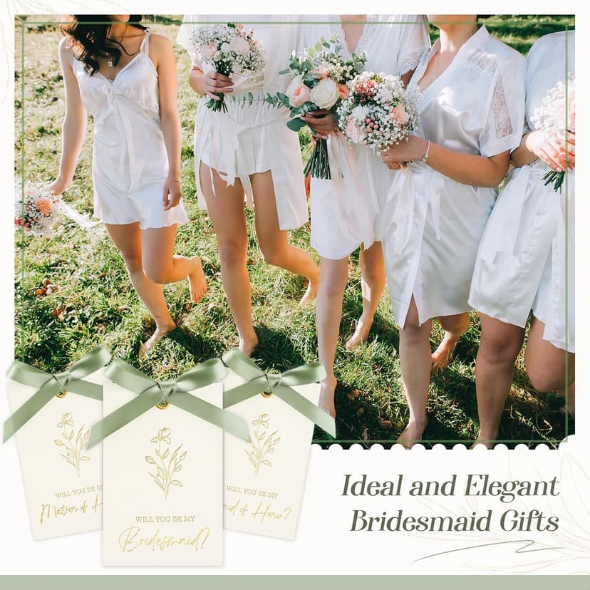 11 Pcs Bridesmaid Proposal Card with Ribbon Bow Floral Metallic Bridal Gift 8 Will You Be My Bridesmaid 2 Maid of Honor 1 Matron of Honor Invitation for Bridal Shower(White, Sage Green)