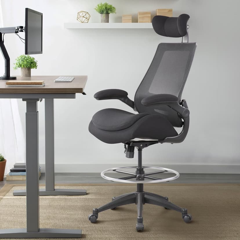 BOLISS Big and Tall Drafting Chair 400lbs - High Back Ergonomic Office Chair for Standing Desk with Double Thick Seat Cushion, Adjustable Foot Ring, Lumbar Support & Flip Up Armrests (Black)