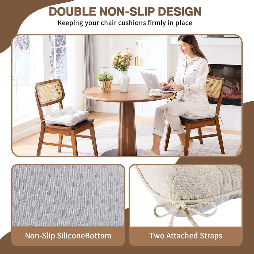 BETU Chair Cushions for Dining Chairs Set of 4,3.5" Thick Kitchen Table Chair Pads with Ties,Non Slip Backing and Covers, Seat Cushion for Dining Room,Bar,Patio Chairs,15.5"X15.5"X3.5",Beige