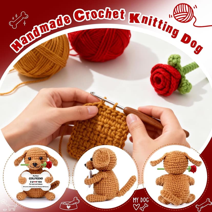 Funny Dog Mothers Day Girlfriend Gf Gifts, Anniversary Birthday Gifts for Girlfriend from Boyfriend, Mini Cute Cool Stuff Things Romantic I Love You Presents, Small Happy Crochet Rose Dog Puppy