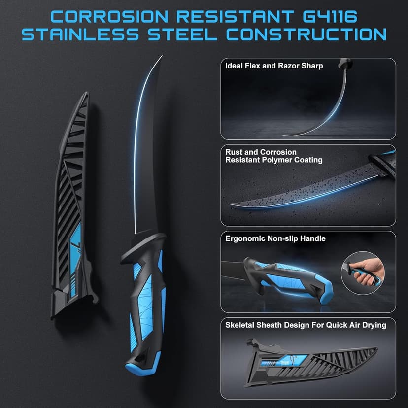 Fillet Knife Kit Combo, Fishing Knives and Honing Rod, Ultra-Sharp G4116 German Stainless Steel, Non-Slip Handle, Durable Storage Bag, Fishing Gifts for Men