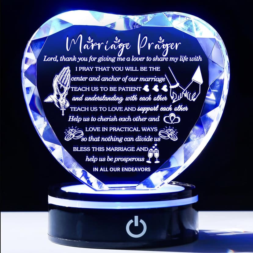 YWHL Wedding Gifts for Couples Crystal Heart Anniversary Marriage Prayer Plaque with Colorful LED Base Wedding Gift with Inspiring Quotes, Unique Newlywed Gifts Mr and Mrs Gifts Bridal Shower Gifts
