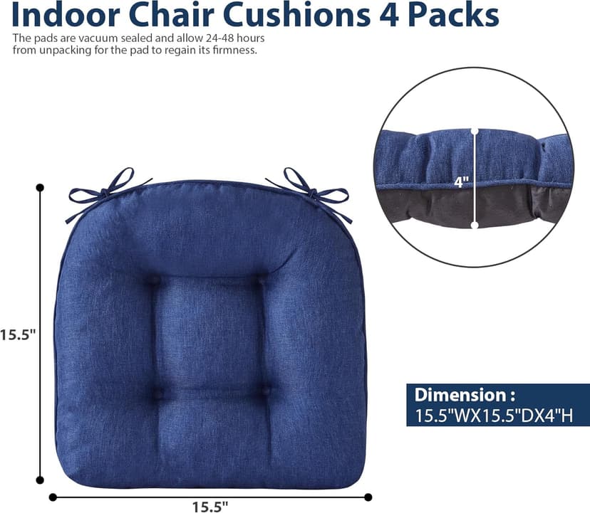 IASEAHK Chair Cushions for Dining Chairs, Seat Cushions for Kitchen Chairs, Indoor Seat Cushions with Ties, Tufted Foam Chair Pads, Non Slip Chair Cushions Set of 4, 15.5" x 15.5" x 4", Navy Blue