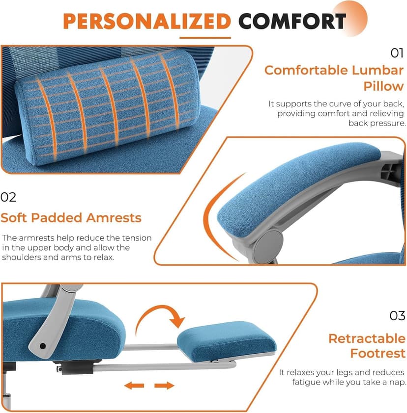 Sweetcrispy Office Computer Desk Chair with Footrest,Ergonomic High-Back Mesh Rolling Work Swivel Chairs with Wheels,Comfortable Lumbar Support,Comfy Arms for Home,Bedroom,Study,Student,Light Blue