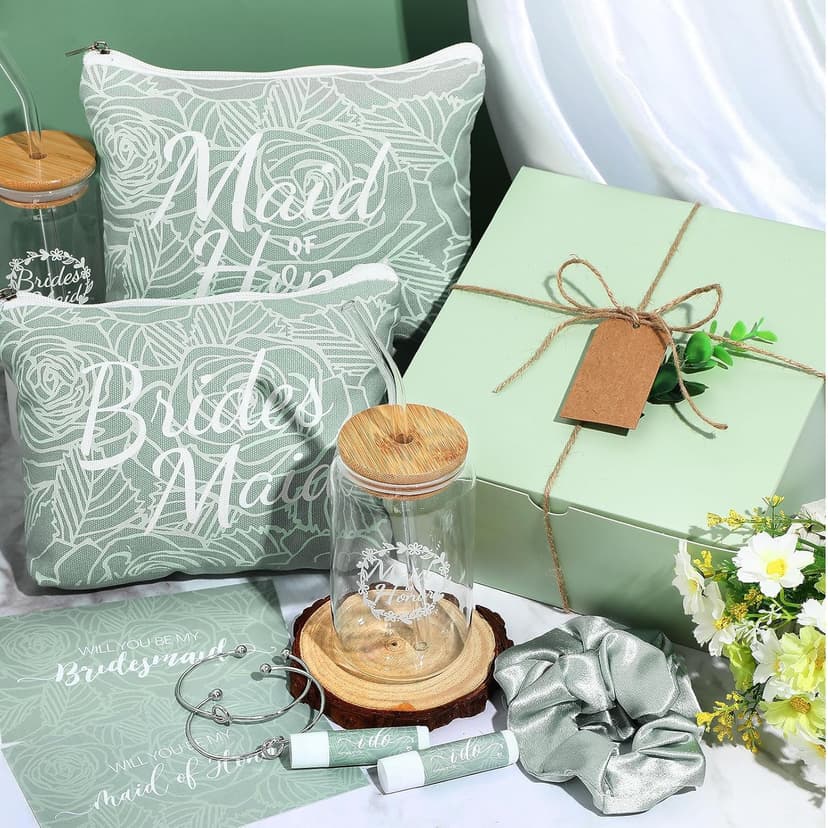 54 Pcs Bridesmaid Proposal Gifts, Maid of Honor Gift Include Wedding Gift Box Makeup Bag Invited Card Glass Cup Lip Balm Scrunchie Bracelet for Bridal Shower Bachelorette Party(Green)