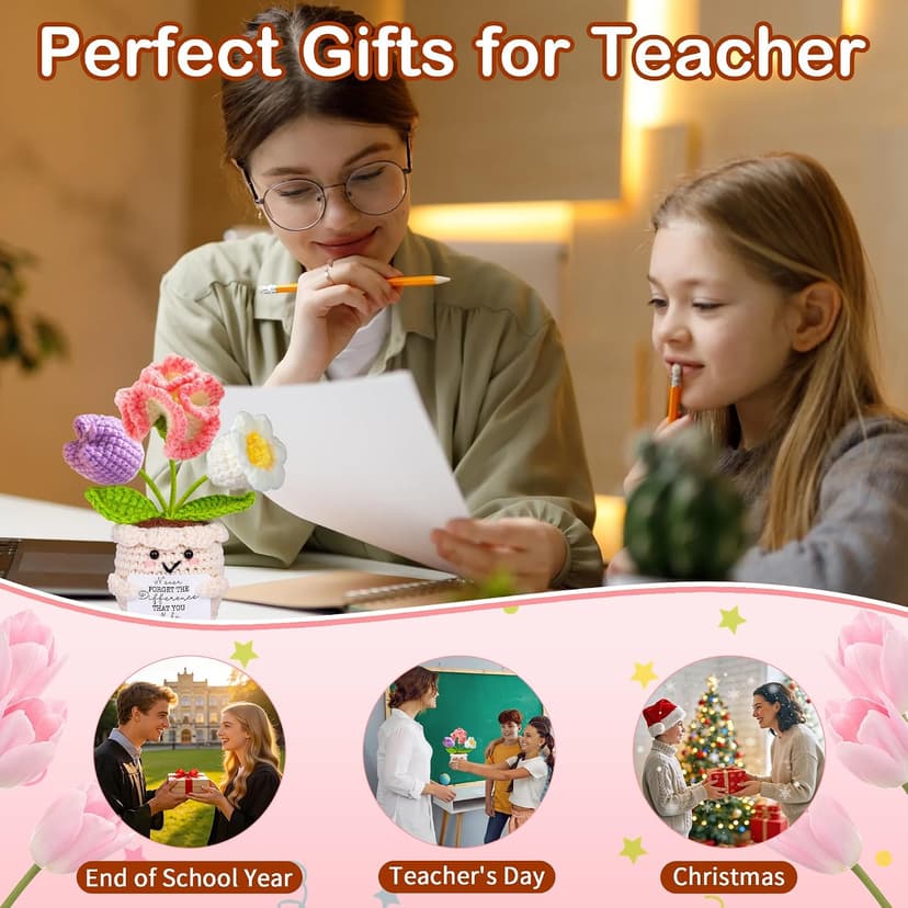 Teacher Appreciation Gifts, Thank You Teachers Gift, End of Year Teacher Gifts, Graduation Birthday Retirement Gift for Teachers Mentor Coworker Boss, Cute Handmade Crochet Carnations 3 Flowers Doll B0GCCQNDDQ