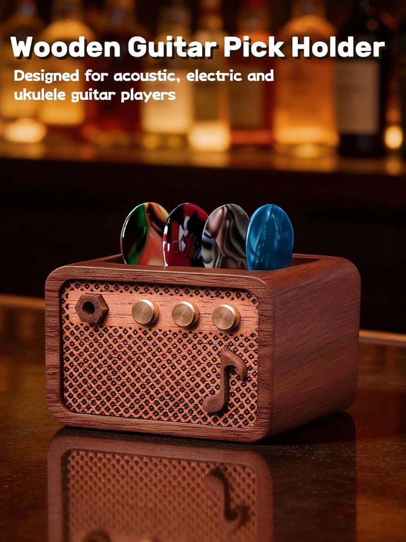 CoolGift Mart Guitar Pick Holder, Walnut Wood Amp Styled Guitar Pick Case for Picks Storage and Display, Guitar Gifts Accessories for Men Guitarists Guitar Players Music Lovers B0DPKMHK5J
