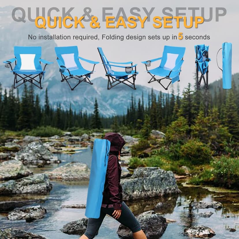 Joyfair Beach Camping Chair (2 Pack), Outdoor Folding Lawn Chair for Adult, Heavy Duty Portable Chair with Armrest for Outside Fishing, Sport, Cup Holder & Storage Pocket, Carry Bag (Blue, Classic)