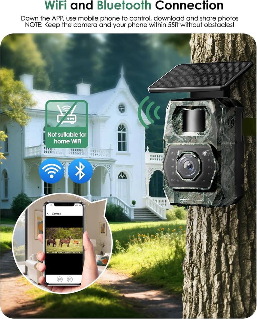 MAXDONE Solar Trail Camera WiFi Bluetooth - 4K 64MP Game Cameras with Night Vision Motion Activated IP66 Waterproof, with 5200mAh Battery and 32GB Memory Card Cameras for Outdoor and Backyard ﻿