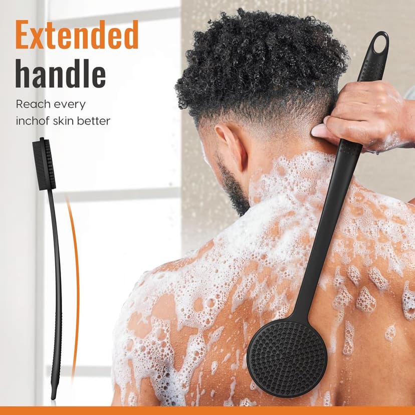 VWMYQ VWMYQ Silicone Back Scrubber for Shower, 17in Lengthen Long Handle Body Brush, Double Sided Shower Brush for Shower Exfoliating and Massage Can Produce Rich Foam, Long Handle Back Scrubber for Men