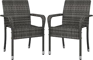 Yaheetech Set of 2 Stackable Outdoor Rattan Dining Chairs, All-Weather Firepits Armchair w/Armrests, Steel Frame for Garden, Patio, Deck, Yard, Poolside, Gray