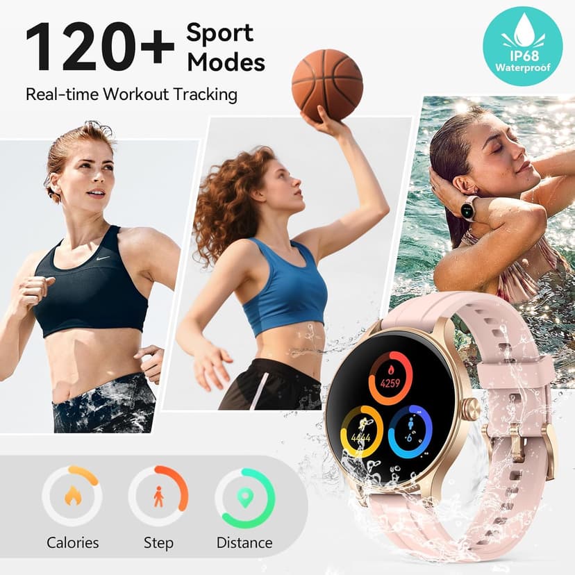 Smart Watches for Women (2 Bands), 1.27" Round Fitness Watch for Android iPhone with Bluetooth Calls (Make/Answer), AI Voice Command, Heart Rate/SpO2/Sleep Monitor, 12 Days Battery, IP68 Waterproof