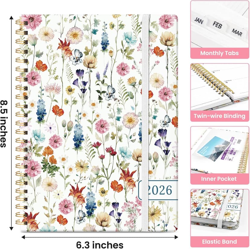 2026 Planner, Weekly and Monthly Calendar Planner for Women, Jan 2026 - Dec 2026, Hardcover Planning Agenda Book with Tabs, Spiral Bound, Inner Pocket, Perfect for School Office Supplies, 6.3" x 8.5" - Wildflowers