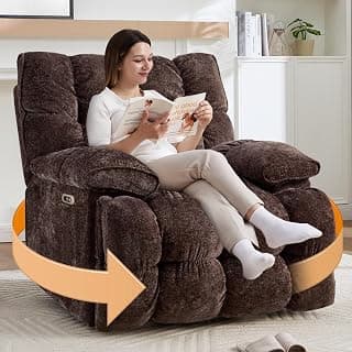 Oversized Power Swivel Rocker Recliner Chair for Big and Tall, Electric Chenille Glider with USB Ports, Extra Wide Overstuffed Reclining Sofa for Living Room Nursery, 375lbs (Brown, Power)