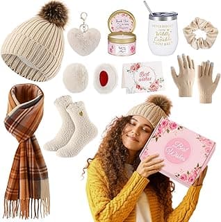 Patelai 11 Pcs Birthday Basket Gifts Set for Women Knitted Winter Beanie Hat Gloves Scarf Earmuff Tumbler Candle Fleece Socks