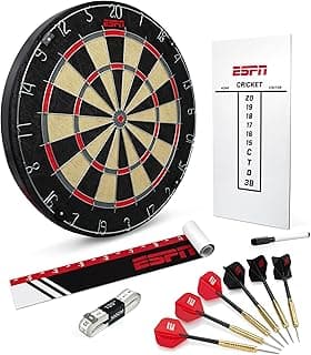 ESPN Dart Board Includes 6 Steel Tip Darts, Bristle Dartboard with Radial Spider Wire and Staple Free Bullseye, Ideal Gifts for Men