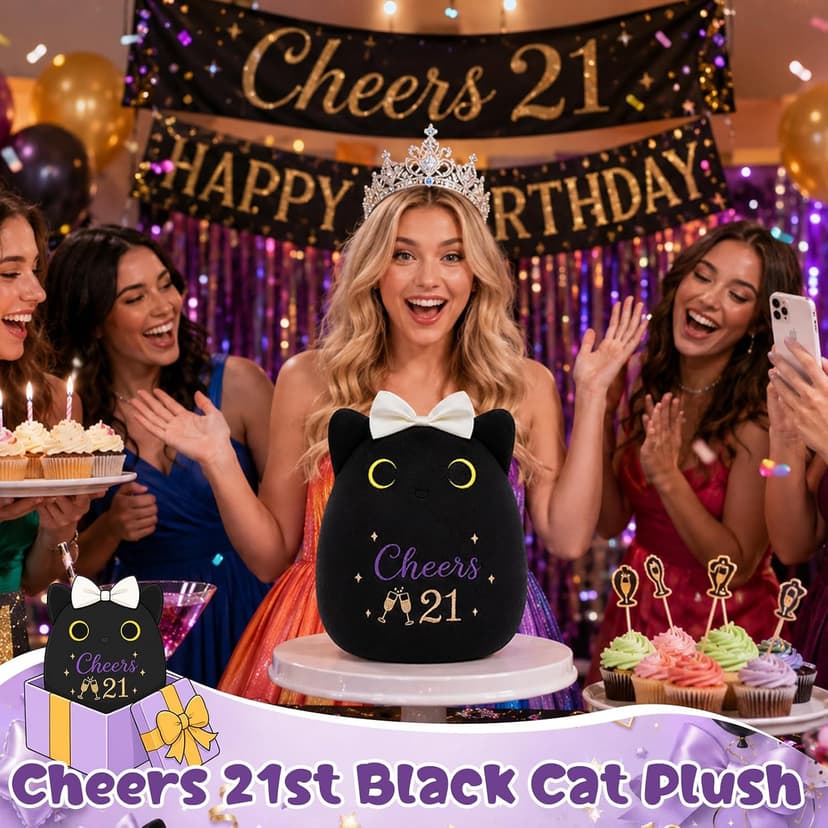 8inch Cat Stuffed Anmals with Cheers 21, Soft Plush Cute 21 Year Old Birthday Gifts for Girls Women 21st Birthday Black Cat Plush, 21st Birthday Gifts for Girls Her B0H2GV3YWL