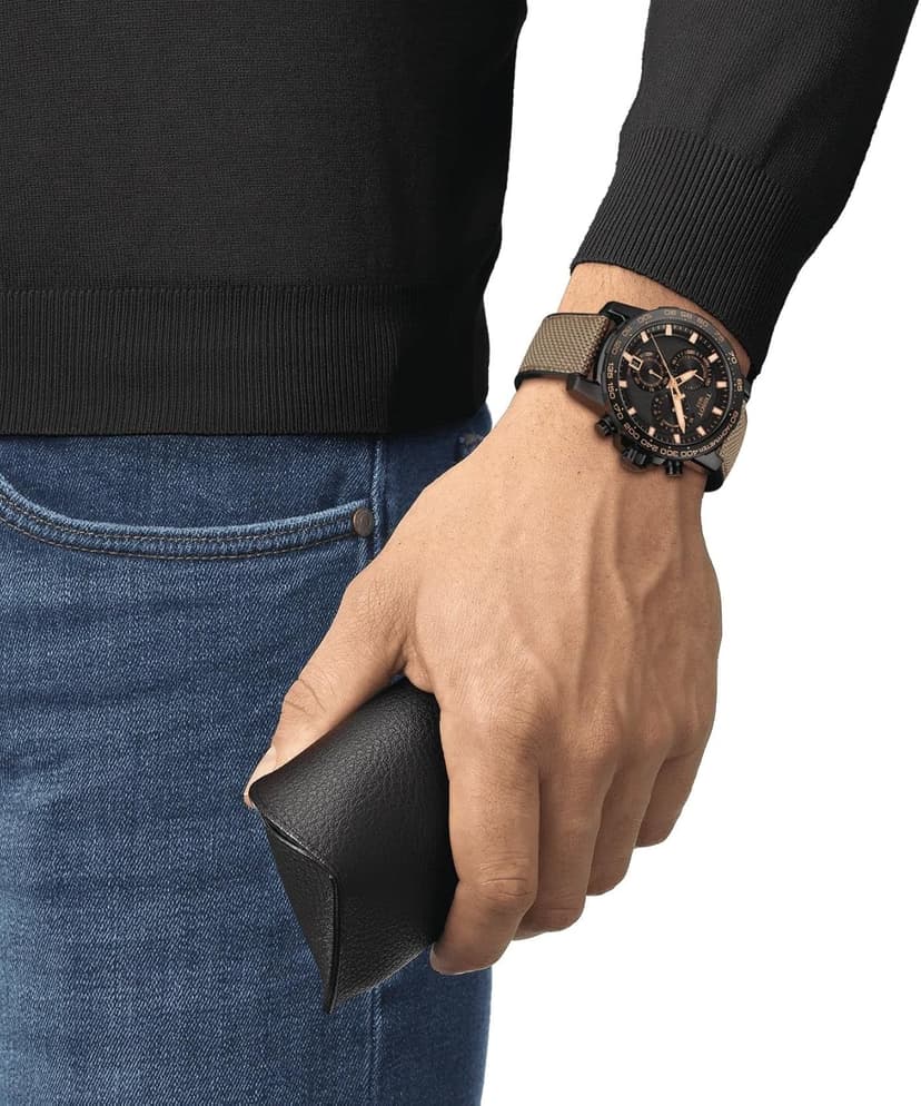 Tissot Mens Supersport Chrono 316L Stainless Steel case with Black PVD Coating Swiss Quartz Watch, Black, Beige, Textile, 22 (T1256173705101)