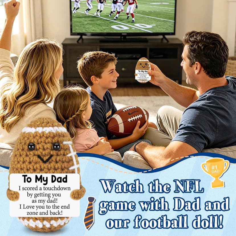 Dad Gifts from Daughter Son Wife, Positive Handmade Crochet Dad Birthday Gift, Funny Cute Small Gifts for Dads, I Love You Girl Papa Gift Idea, Unique Doll for Step-Dads Football