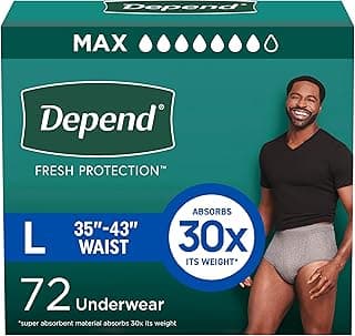 Depend Depend Fresh Protection Adult Diapers, Incontinence Underwear for Men, Disposable, Maximum, Large, Grey, 72 Count (2 Packs of 36), Packaging May Vary