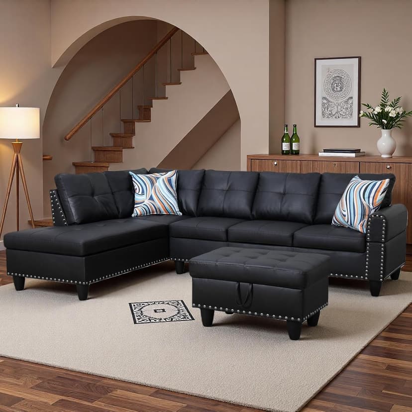 Topcomfy 97.5" L Shaped Couch Set, Modular Sectional Couches for Living Room with Storage Ottoman, 4 Seat Home Sofa Living Room Furniture Sets with Chaise for Apartment Office (Leather, Black)