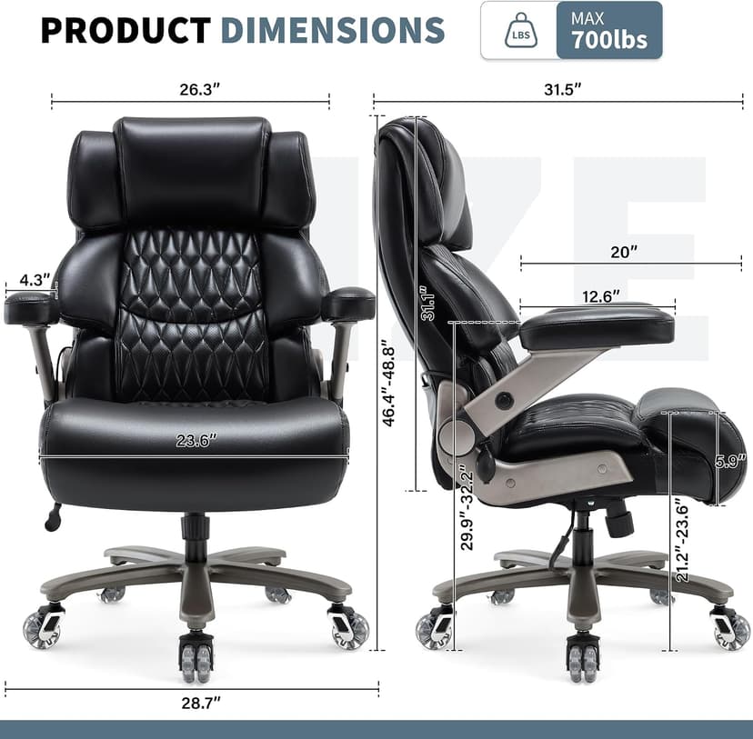 Big and Tall Office Chair 700lbs- Large High Back Executive Computer Desk Chair with 3D Flip-Up Arms, Adjustable Lumbar Support, Extra Wide Plus Size Seat, Heavy Duty Metal Base & Quiet Rubber Wheels