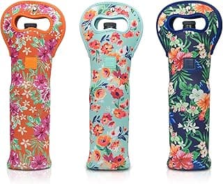 Made Easy Kit Insulated Wine Tote - Neoprene Wine Carrier Bag with Magnetic Handle Clasp - Wine Bottle Protective Travel Bag - Perfect for Gifting Travel or Gift Bag - Set of 3 (Floral Patterns)