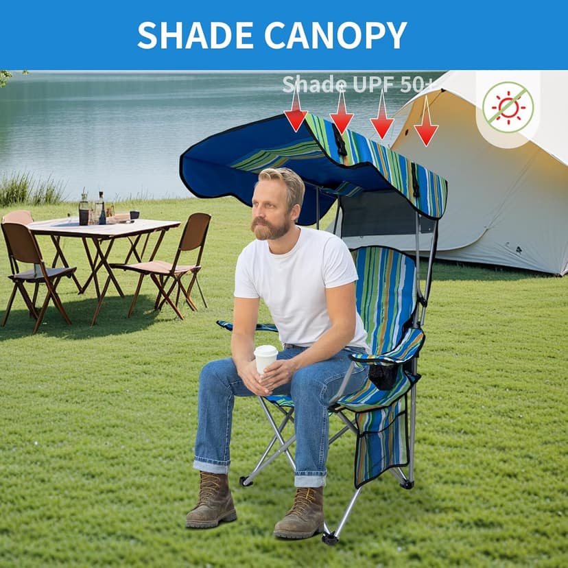 Camping Chair with Adjustable Canopy Shade, Portable Folding Chair with Cup Holder & Side Pocket for Beach, Fishing, Camping - Support 330 LBS (Streak)