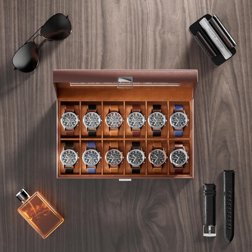 ProCase ProCase Watch Box Organizer, 12 Slot Watch Display Case With Glass Lid, Watch Storage Holder Mens Watch Case, Anniversary Birthday Valentine Gifts for Men Women -12 Slot, Brown