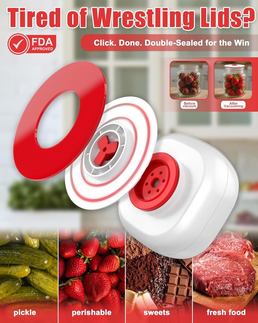 Electric Mason Jar Vacuum Sealer Kit - Auto-Stop with Digital Display, 60kPa Ultra Strong Suction for Wide/Regular Mouth Jars, Preserve Freshness 12X Longer (Includes 6 Lids & Bag Adapters)