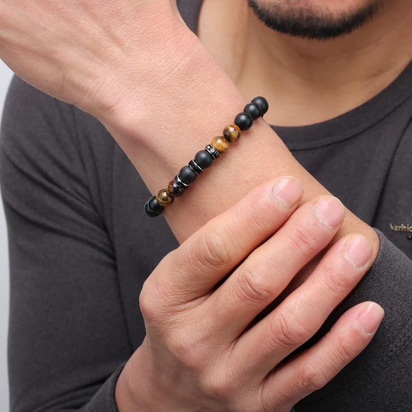 JoycuFF Gifts for Men Natural Tiger Eye Black Matte Agate Bracelets, Christmas Birthday Gifts for Boyfriend Husband Brother from Girlfriend Wife, To My Man Bead Bracelets