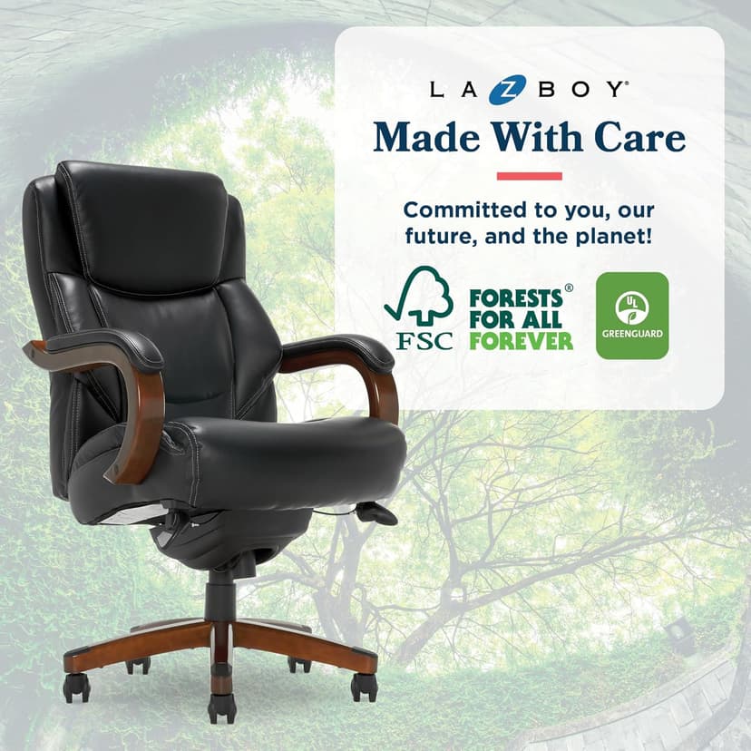 La-Z-Boy Delano Big and Tall Executive Office Chair - Ergonomic Lumbar Support Memory Foam - Bonded Leather Desk Chair for Home Office - Mahogany Wood Arms - Black