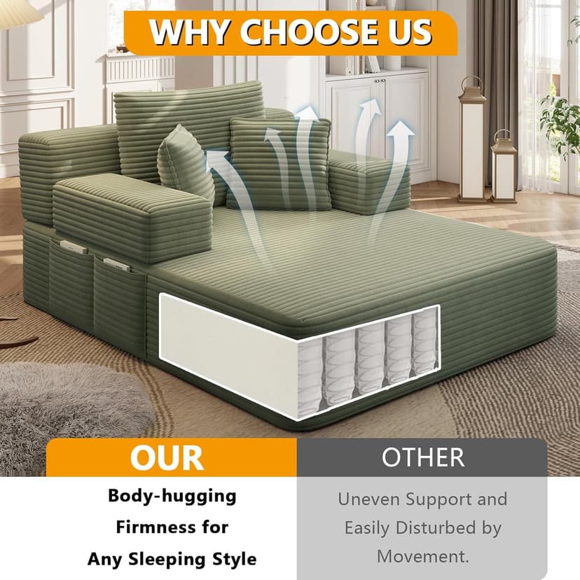 HRVEOCEI 60 Inch Oversized Chaise Lounge Chair Indoor, Corduroy Boneless Chaise with Armrests & Backrest /2 Pockets /3 Pillows, Lounge Sofa Bed for Adults Living Room (Green)