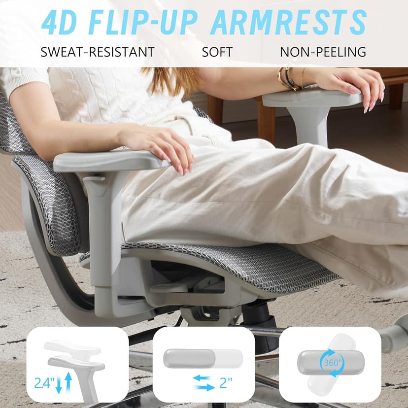 Ergonomic Office Chair with Footrest, High Back Mesh Computer Chair with Lumbar Support, 5-Level Backrest Height, 4D Flip-Up Arms for Home & Gaming Desk (Gray Mesh 3-Zone Lumbar Support+4D Armrest)