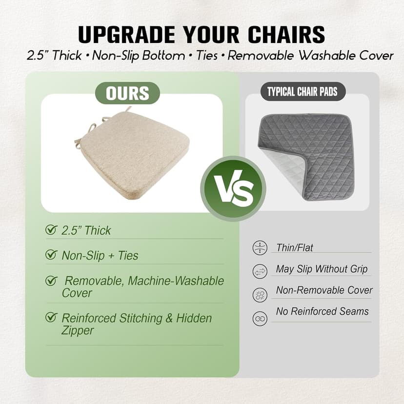 kingphenix Dining Chair Cushions Set of 4, 2.5 inch Thick Kitchen Chair Pads with Ties, Non Slip Bottom, Removable Washable Cover, 17” x 16”, Beige