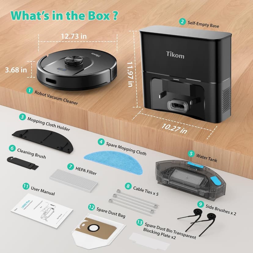 Tikom Robot Vacuum and Mop, 6000Pa Robotic Vacuum Cleaner with Self-Emptying Base, 90 Days Capacity, LiDAR Navigation, Home Mapping, Ideal for Pet Hair, Hard Floors, Carpet (L8000 Plus)
