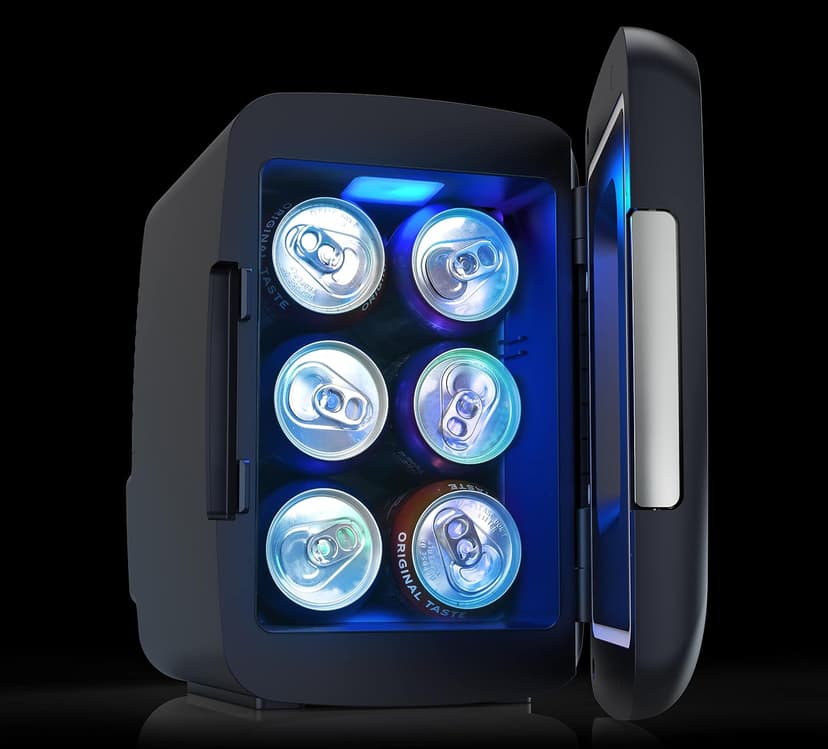 Personal Fridge Cooler, LED Light Door, Perfect for Gaming, Home, Office, or Car, Includes AC and 12V Car Charger Frigidaire, Mini Fridge Cooler, Holds Up to 6 Cans, B0BGYK6SVQ