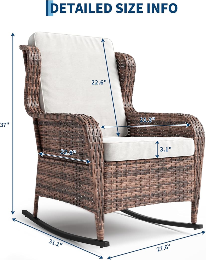 Patio Rocking Chair for Outdoor, Rattan Wicker Chair with Thick Cushions & Steel Frame, All-Weather PE Chair for Garden, Backyard, Porch, Deck