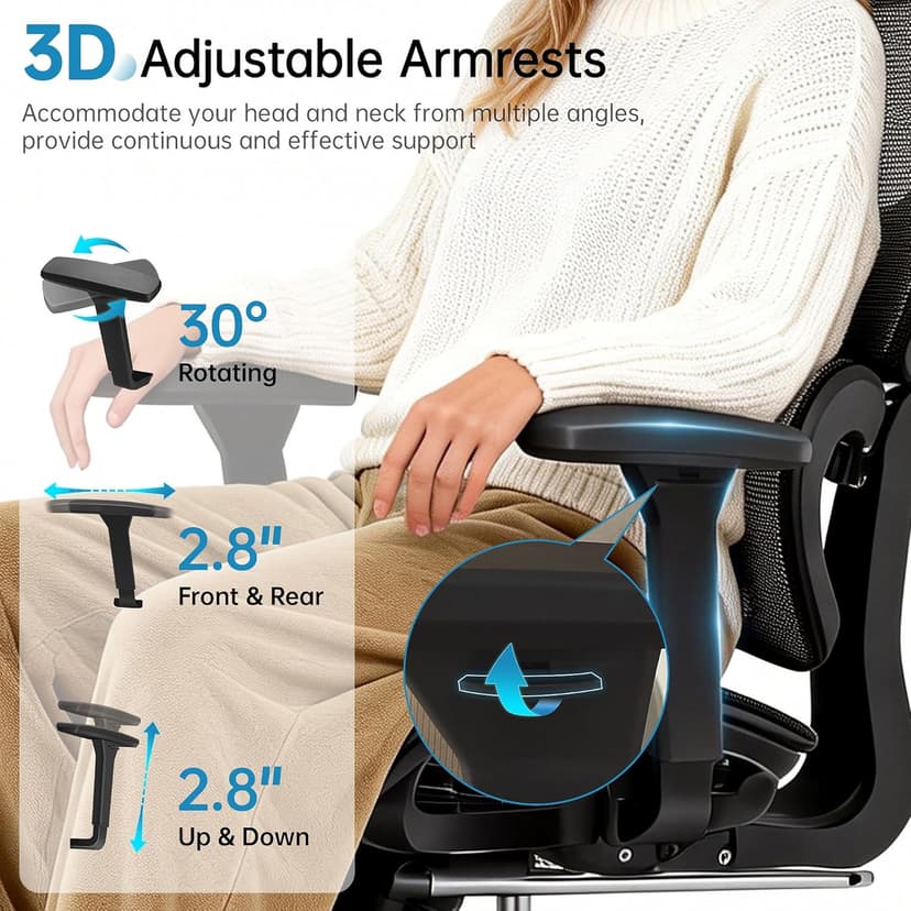 AreShark Office Chair Ergonomic Desk Chair,High Back Computer Chair with 3D Headrest & Armrests,Gaming Chair with Lumbar Support,90-135°Tilt Lock Mesh Office Chair with Footrest,Wheels,Black