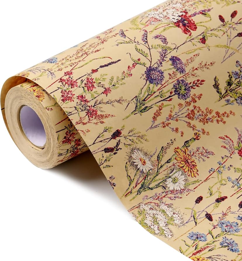 Tyzarglef Wild Flower Wrapping Paper Roll, 17 Inches x 32.8 Feet Kraft Floral Design Wrapping Paper for Women Girls Gifts, Birthdays, Weddings, Bridal Shower and Engagement B0F13926HD