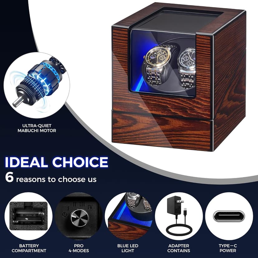 BEWISHOME BEWISHOME Watch Winder for Automatic Watches, Automatic Watch Winder Box Watch Spinner with LED Light, Double Watch Winder with Quiet Motor Wooden 4 Modes Battery or Type-C Adapter, Brown SYQ02Y