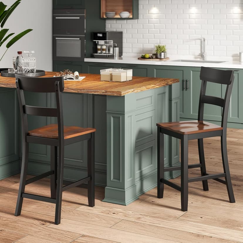COSTWAY Counter Height Bar Stools Set of 4, 24'' Mid Century Modern Island Chairs with Rubber Wood Legs and High Backrest, Wooden Barstools for Home Kitchen, Dining Room, Bar, Restaurant (Black)