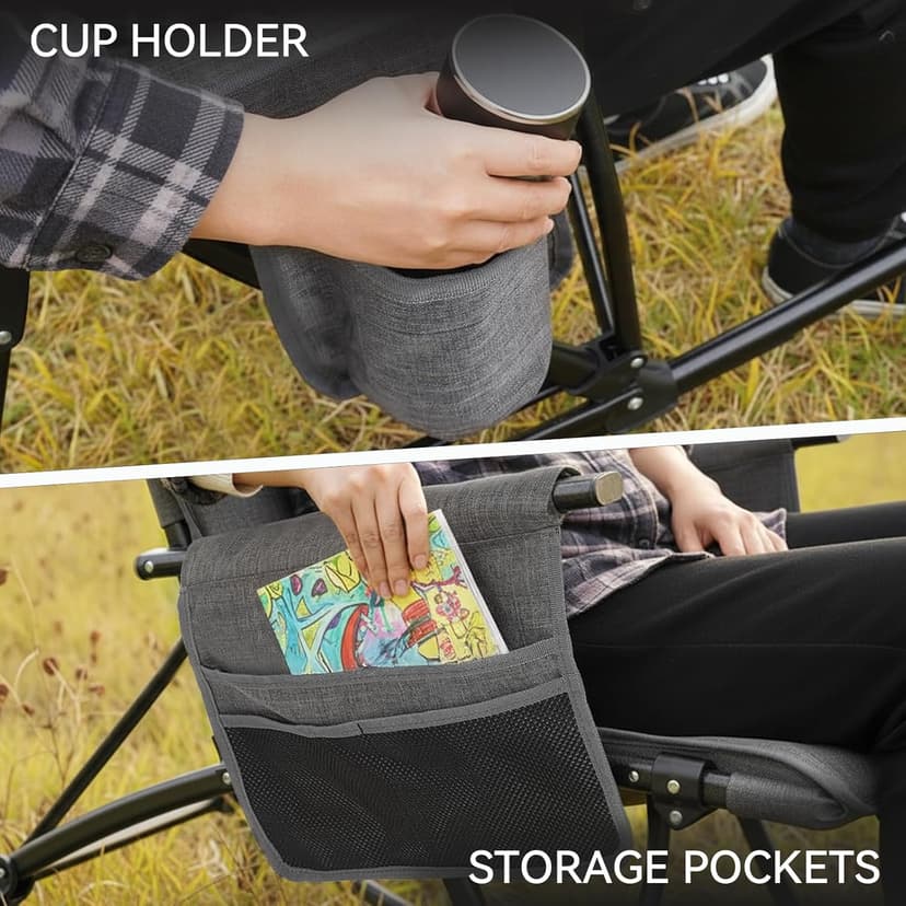Huskfirm Oversized Rocking Camping Chair Folding Rocking Chair with High Back Padded Outdoor Rocking Chair Heavy Duty Portable Rocker Chair for Camping, Lawn and Patio, Supports Up to 400 lbs, Grey