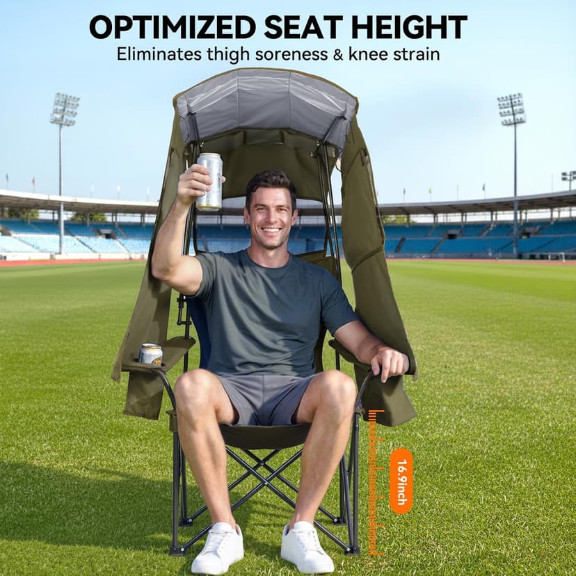 Huskfirm Camping Chair with Canopy Shade - Folding Beach Chair with UPF 50+ Sun Shade, Cup Holder, Side Pocket, Portable Sports Chair for Adults Support 330 LBS, Fishing Camp Outdoor Lawn Chair Green