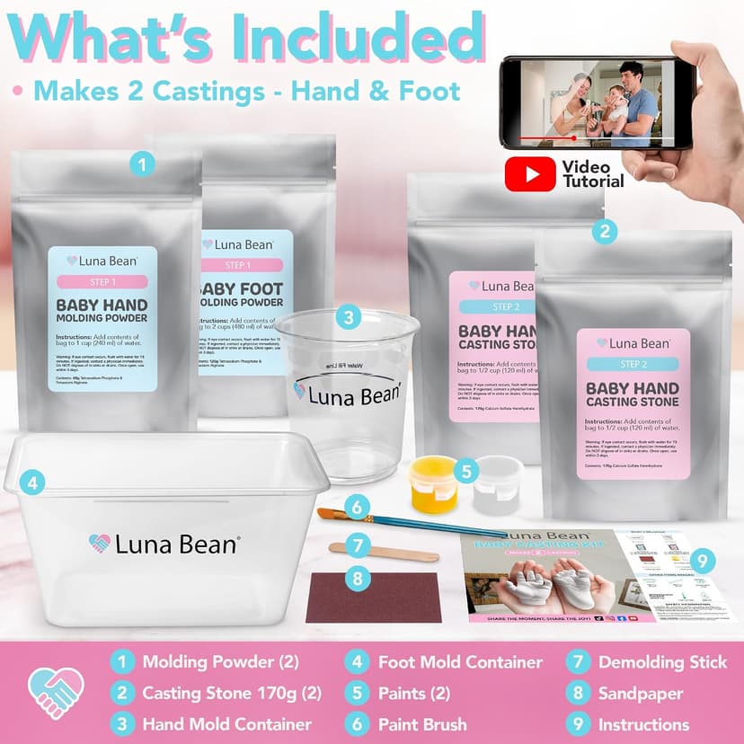 The original baby casting kit - captures newborn hand & foot forever. Non-toxic, safe, easy - perfect new mom gift Luna Bean Baby Casting Kit - Hand & Foot Keepsake Mold, 2pc, New Mom Gift B0DPLBNZNG