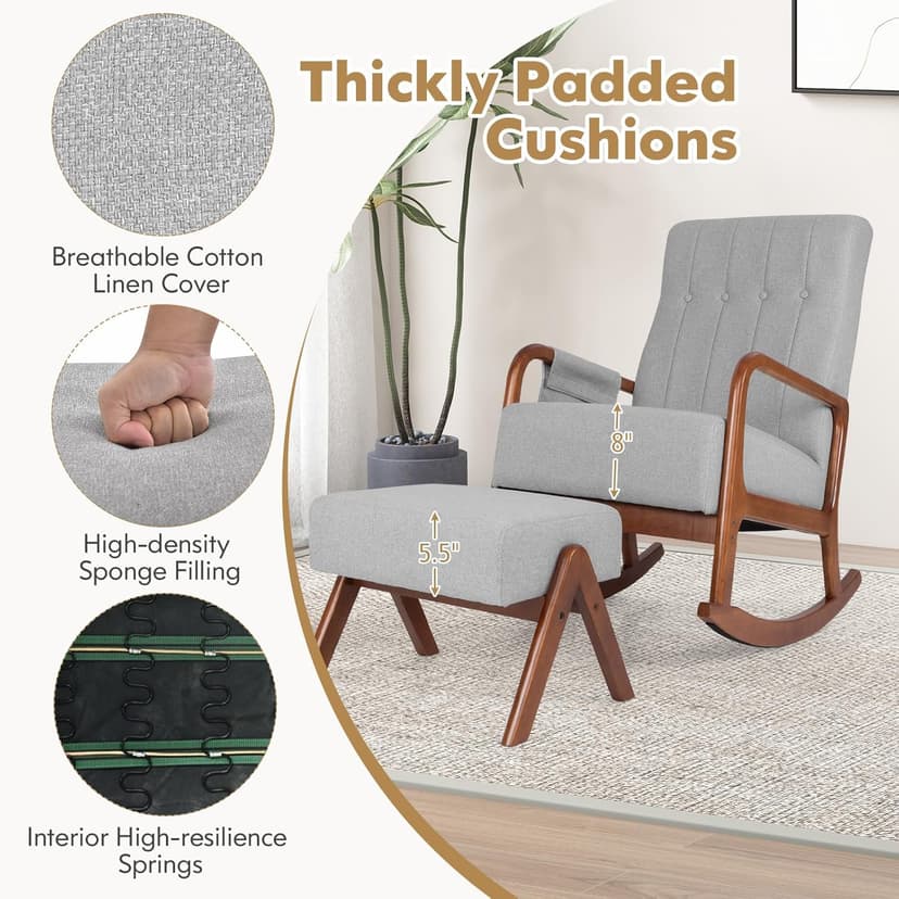 Giantex Rocking Chair with Ottoman, Upholstered Rocker Chair w/Solid Rubber Wood Frame, Side Pocket, Linen Nursery Chair w/Footrest, Tufted Glider Chair for Living Room, Bedroom, Grey