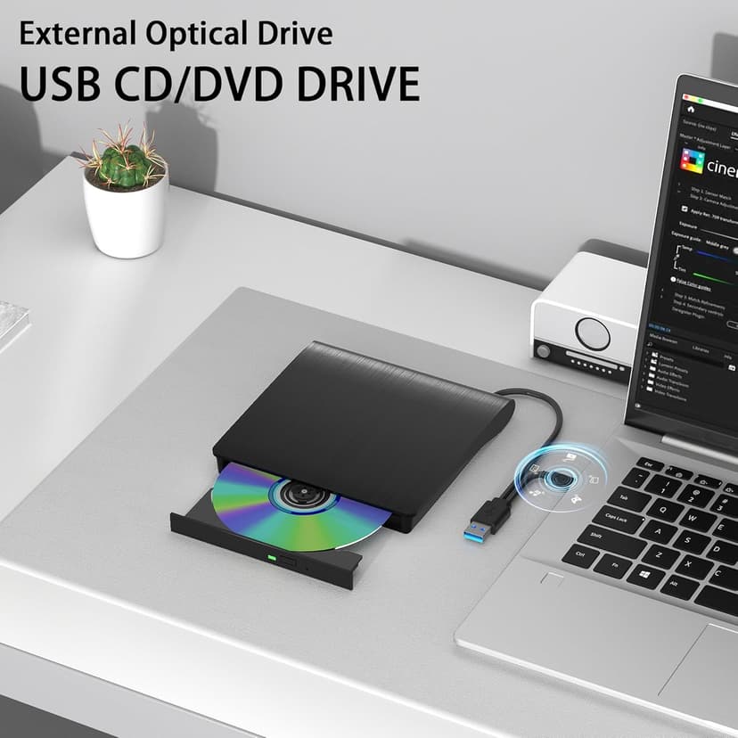 juwuoi External CD/DVD Drive for Laptop PC CD DVD Player USB 3.0 Portable Optical Drive CD Burner Compatible with Windows 10 11 Linux Mac OS (Black)