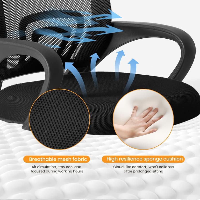 OLIXIS Office Desk Chair - Ergonomic Mid Back with Lumbar Support & Rocking Mode, Height Adjustable with Fixed Armrest, Storage Back for Computer, Gaming, Conference, Meeting, 360° Swivel, Black